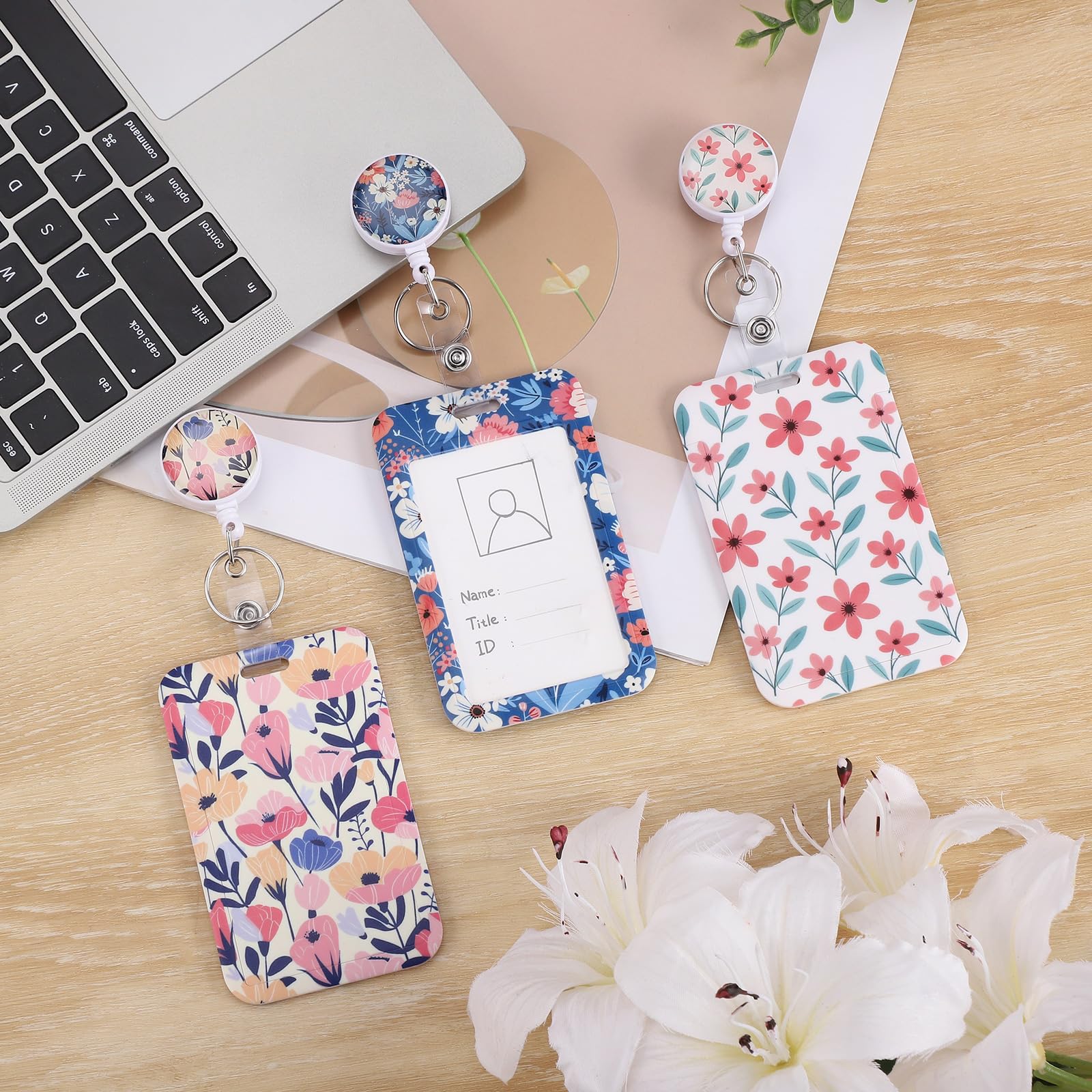 3 Set Badge Holder Retractable Reel Bloom ID Badge Holders with Clip Cute Name Badge Holders for Teacher Nurse Doctor Student Office Workers