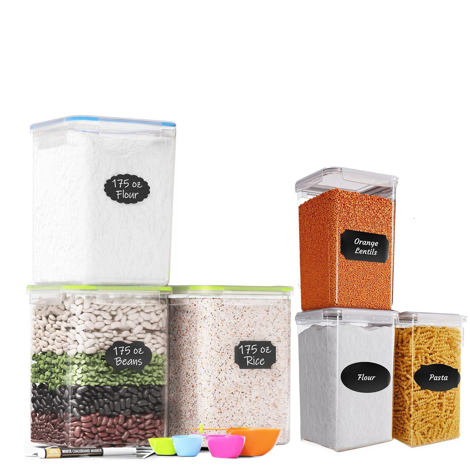 Chef's Path Kitchen Storage Box Set of 4 Extra Large Airtight Food Storage Jars for Sugar Flour Cereal Rice - Measuring Spoons, Pen and Food Preservation Labels (5.2 L)