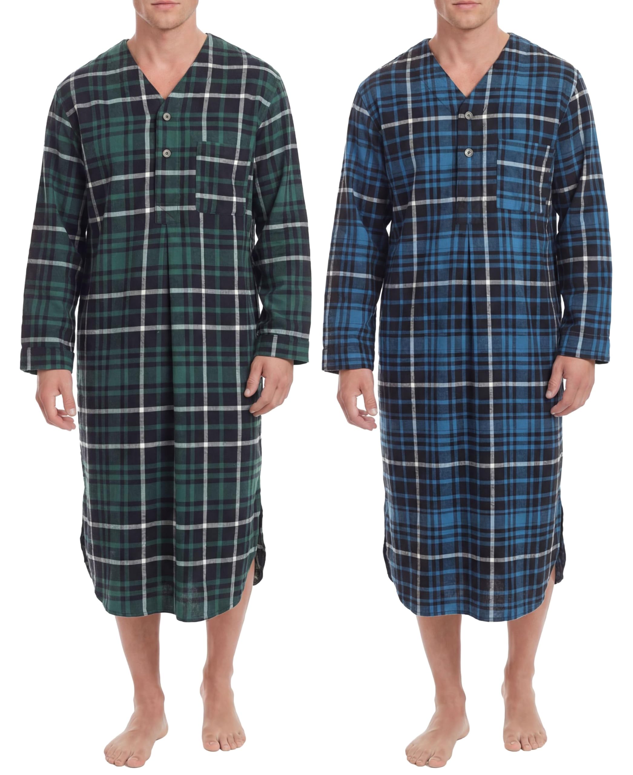 Andrew Scott Men's 2 Pack Lightweight Cotton Flannel Sleep Shirt, Long Henley Nightshirt Pajamas