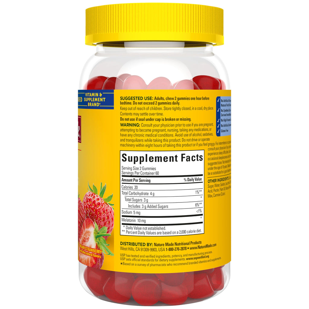 Nature Made Melatonin 10mg per serving Gummies, Maximum Strength Dosage, 100% Drug Free Sleep Aid for Adults, 60 Melatonin Gummies, 30 Day Supply