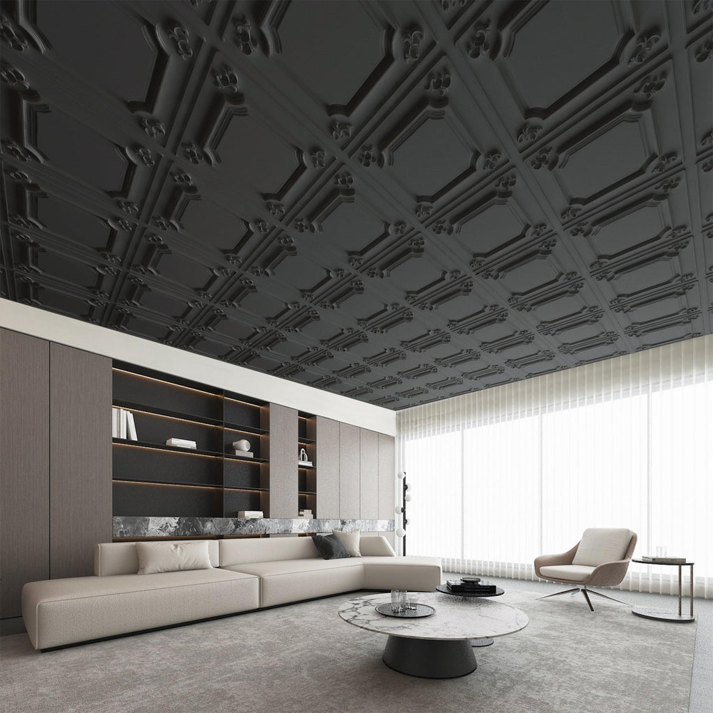 Art3d Drop Ceiling Tiles 24x24in. (12-Pack, 48 Sq.ft), Wainscoting Panels Glue Up 2ft x 2ft for Interior Décor in Living Room, Bedroom & Office, Star Black