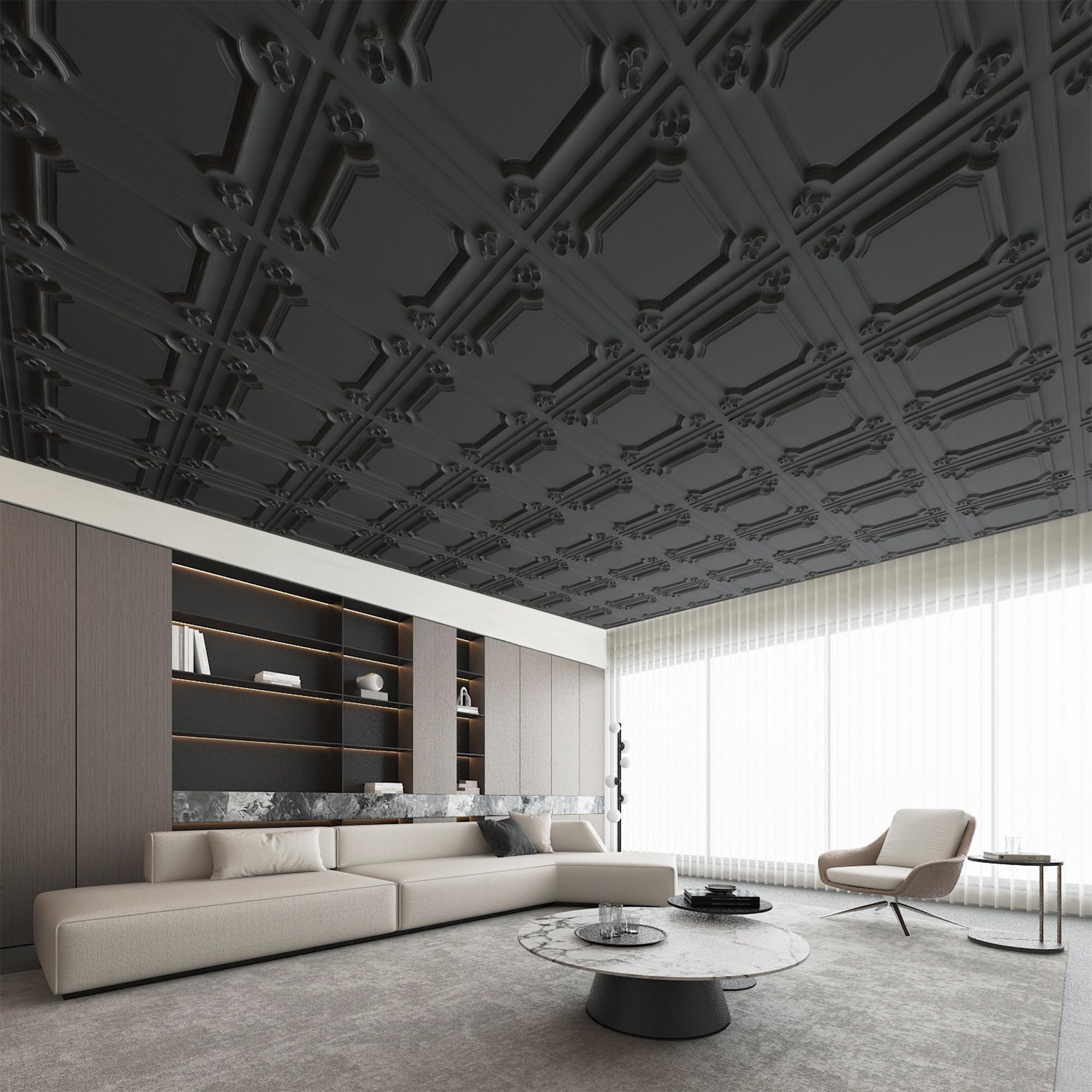 Art3d Drop Ceiling Tiles 24x24in. (12-Pack, 48 Sq.ft), Wainscoting Panels Glue Up 2ft x 2ft for Interior Décor in Living Room, Bedroom & Office, Star Black