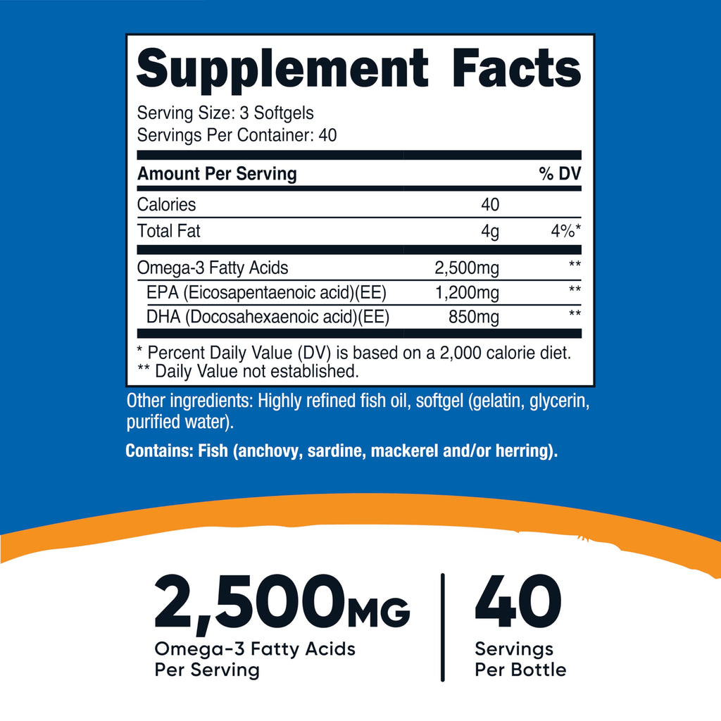 Nutricost Omega 3 Fish Oil - 2500MG, 120 Softgels (40 Serv) - Fish Oil, Wild Caught! 1200mg EPA 850mg DHA - Non-GMO, Gluten Free