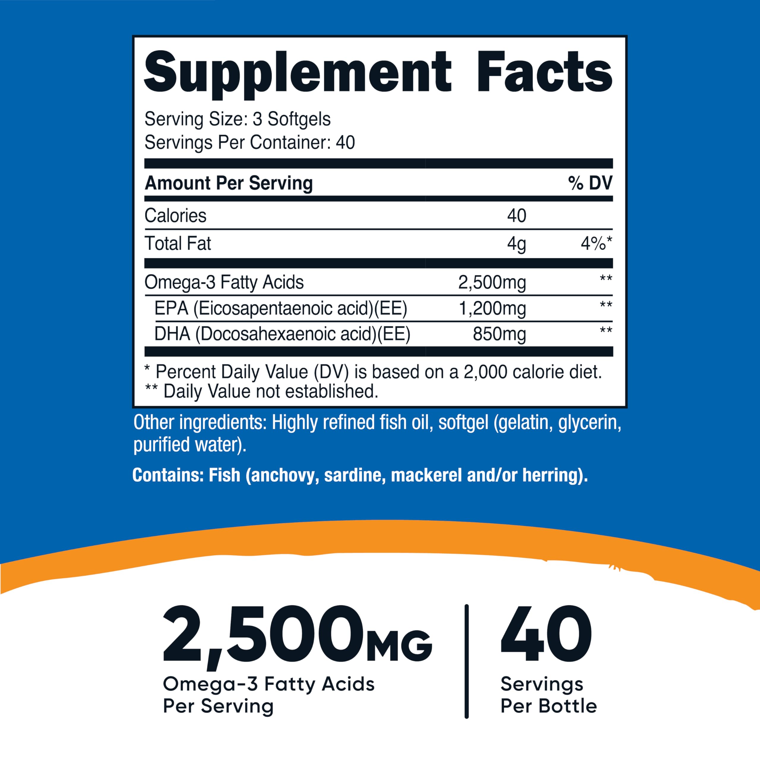 Nutricost Omega 3 Fish Oil - 2500MG, 120 Softgels (40 Serv) - Fish Oil, Wild Caught! 1200mg EPA 850mg DHA - Non-GMO, Gluten Free