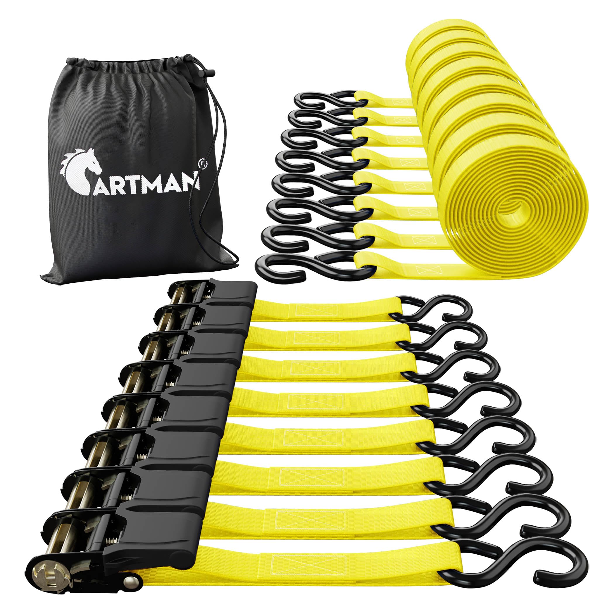 Cartman Ratchet Tie Down, 4Pk 15Ft, 500Lbs Load Cap/ 1500Lbs Break Strength, Cargo Straps for Moving Appliances, Lawn Equipment, Motorcycle in a Truck, with Carry Bag