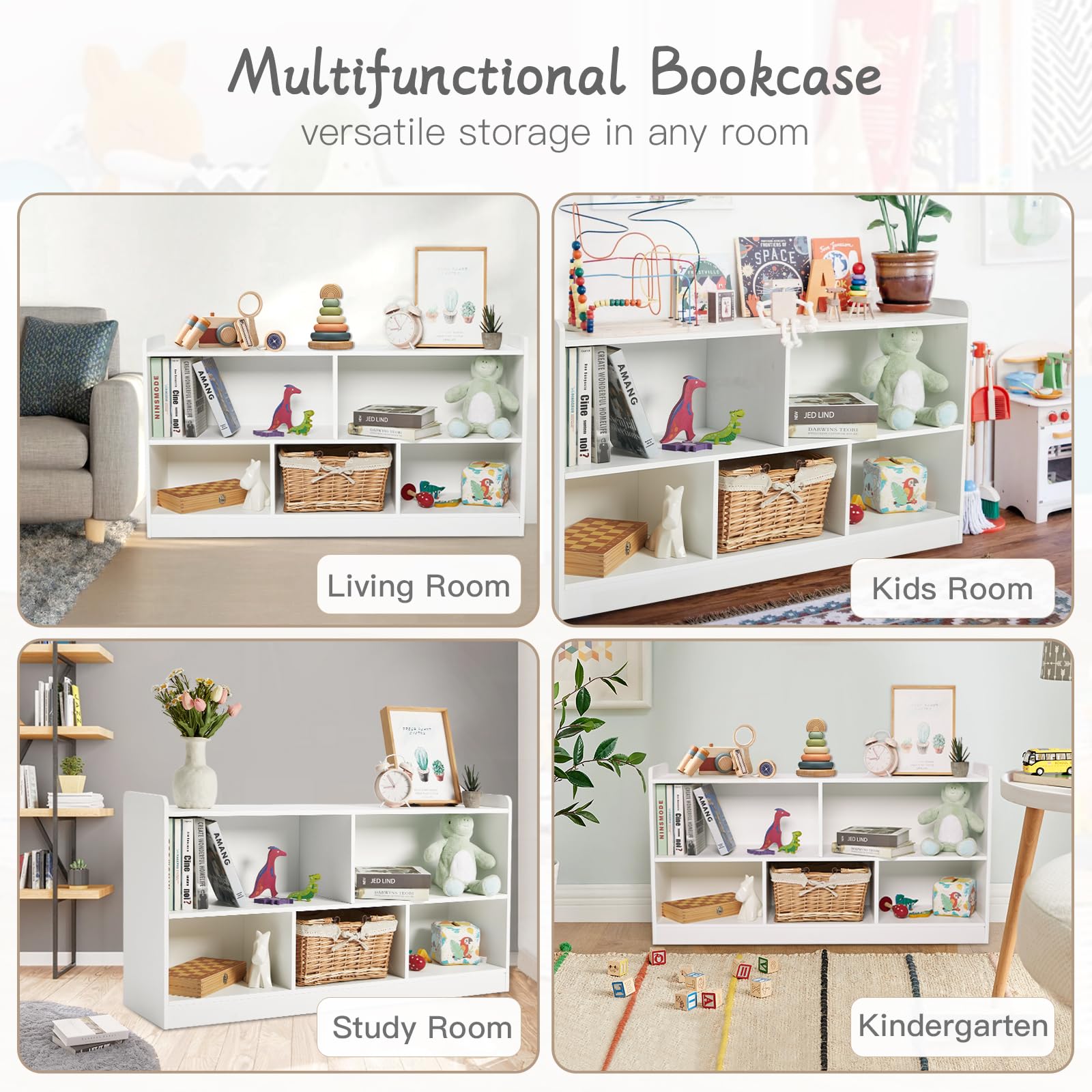 Montessori Shelf, Wooden Toy Storage Organizer for Books Toys, 2 Shelf Bookcase, 5-Section Storage Cabinet, Toddler Book Shelf for Kids Rooms, Playroom, Nursery, Kindergarten (Natural)