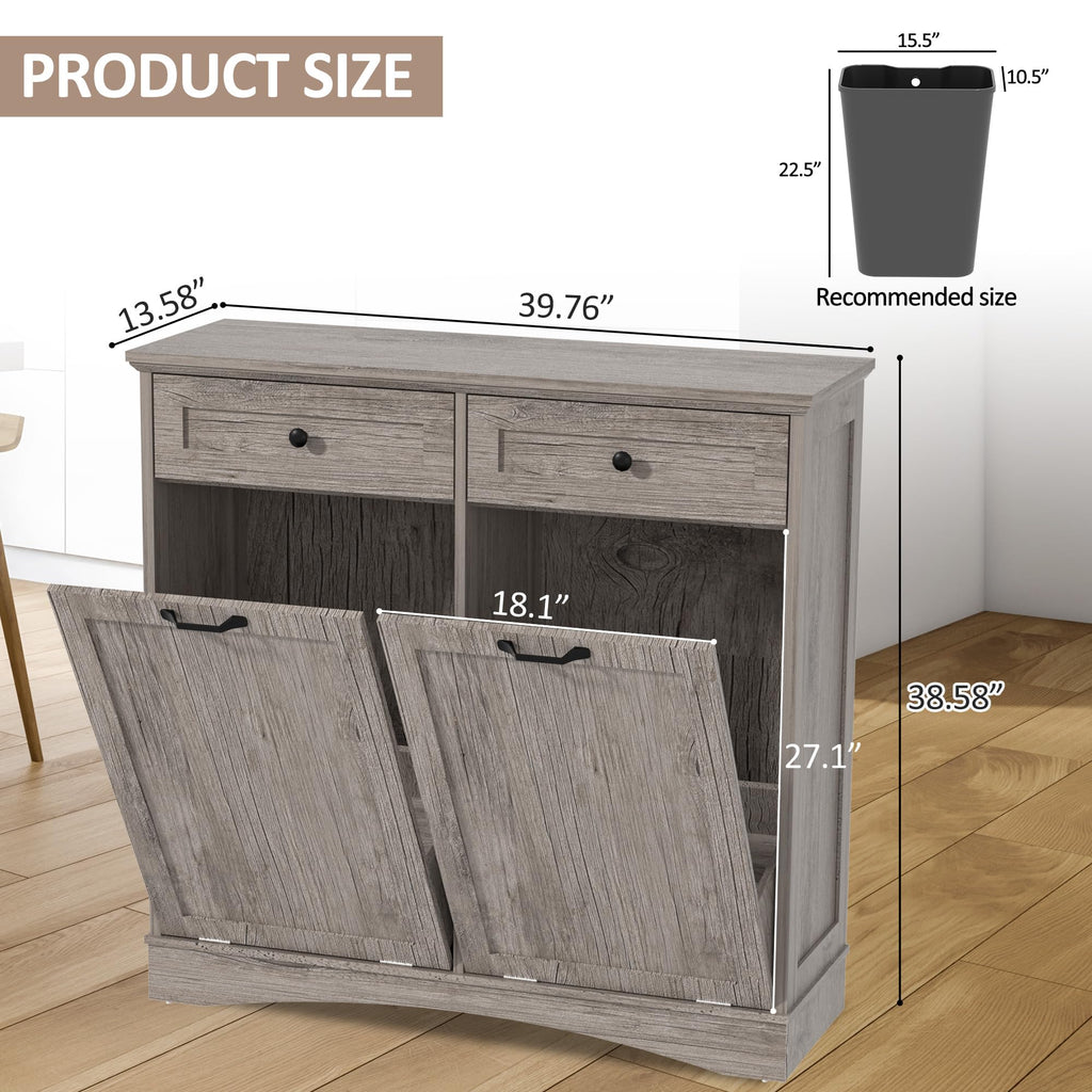 AHB Double Tilt Out Trash Can Cabinet Freestanding Kitchen Trash Can, 2x13 Gallons Hidden Garbage Recycling Cabinet with Hideaway Drawers Pet Proof Trash Can Holder for Kitchen, Antique White
