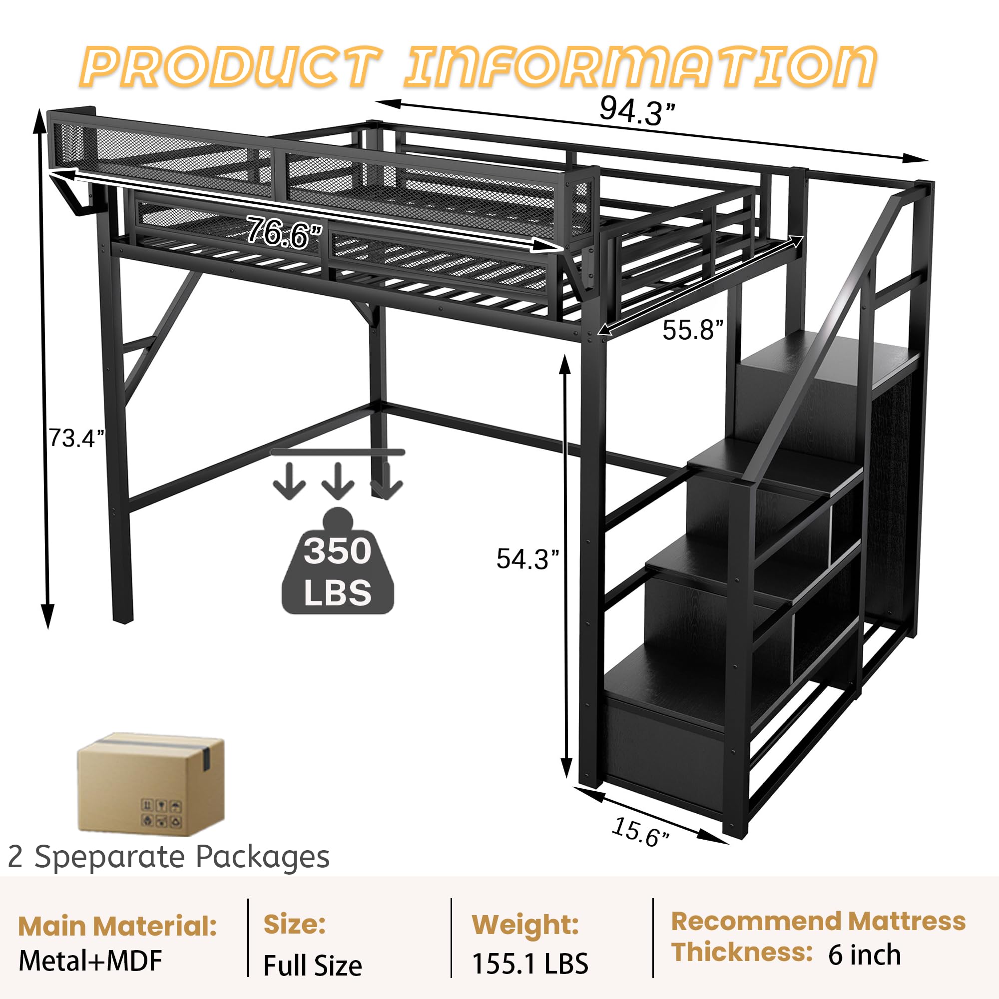 Mirightone Full Size Loft Bed with Stairs, Metal Loft Beds, High Loft Bed Frame with Storage Shelves, Lofted Full Bed with Wardrobe for Kids and Teens, No Box Spring Needed (Black)