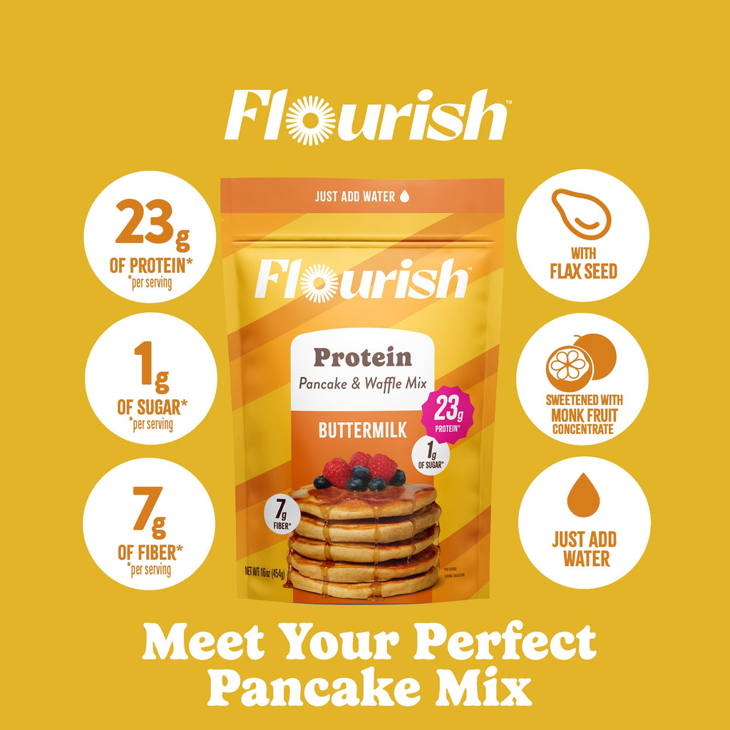 Flourish Protein Pancake & Waffle Mix, with Whey Protein & Flax Seed, No Added Sugar, High in Protein & Fiber - Just Add Water - Birthday Cake Flavour 16oz (2 pack)