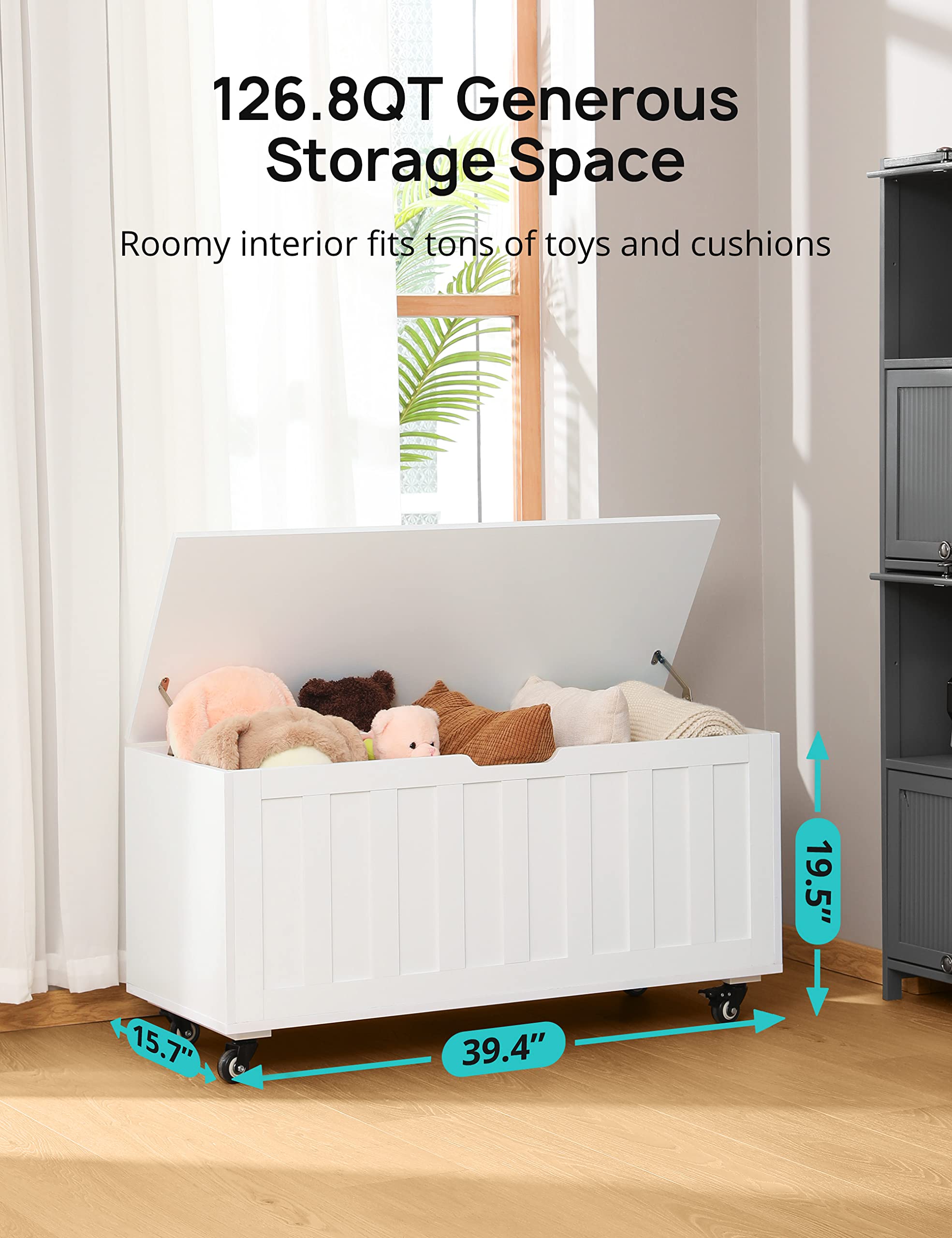 HYZ Storage Chest, 39.4'' Wooden Storage Bench with 4 Wheels & 2 Safety Hinges, Retro Toy Box Support 300 lbs for Bedroom, Living Room, Easy Assembly, Rustic Brown