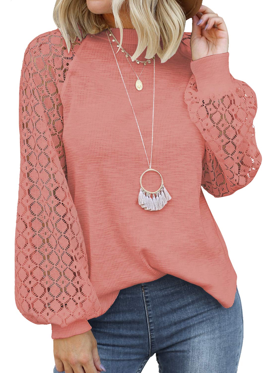 MIHOLL Women's Long Sleeve Tops Lace Casual Loose Blouses Shirts Dressy Outfits