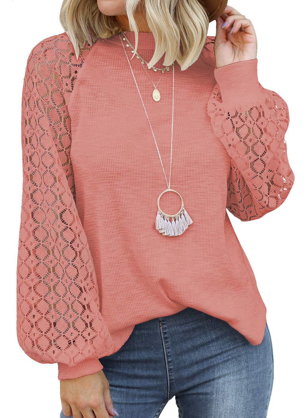 MIHOLL Women's Long Sleeve Tops Lace Casual Loose Blouses Shirts Dressy Outfits
