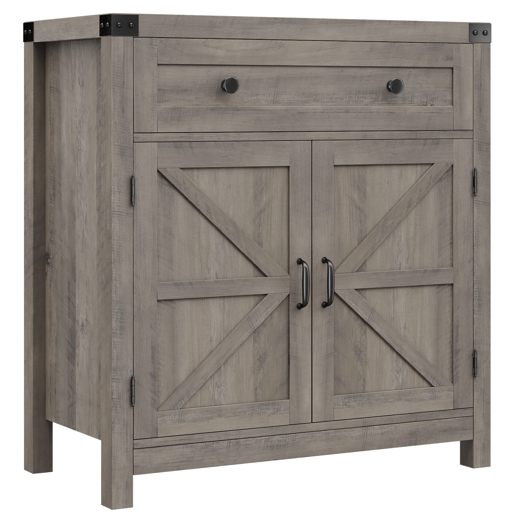 HOSTACK Coffee Bar Cabinet, Kitchen Storage Cabinet, Modern Farmhouse Buffet Sideboard with Drawer and Adjustable Shelf, Barn Door Accent Cabinets for Kitchen, Dining Room, Entryway, Ash Grey