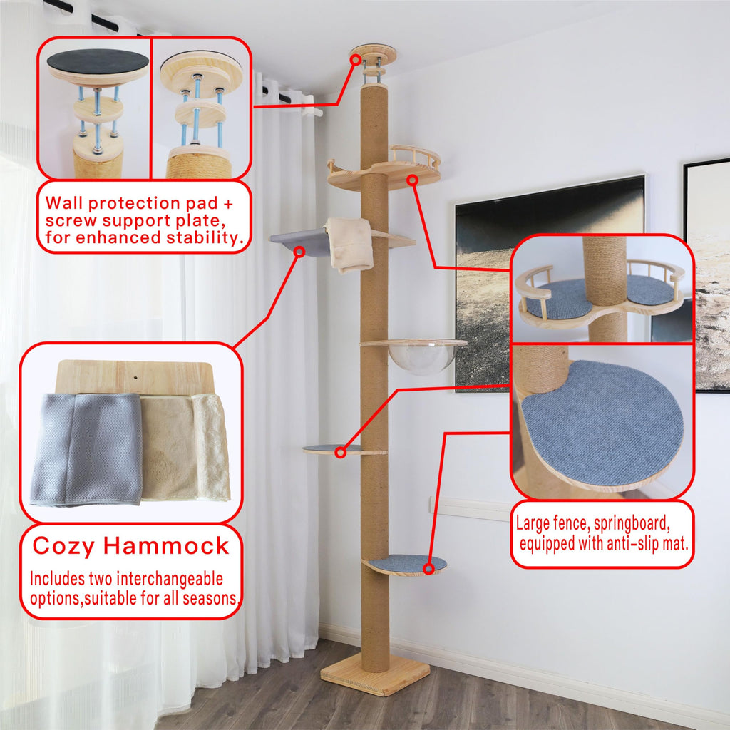 Floor-to-Ceiling Cat Tree with Natural Sisal Rope Scratching Post - Adjustable Height (55-119 Inches) - Modern Cat Activity Tree, Cat Scratcher Post