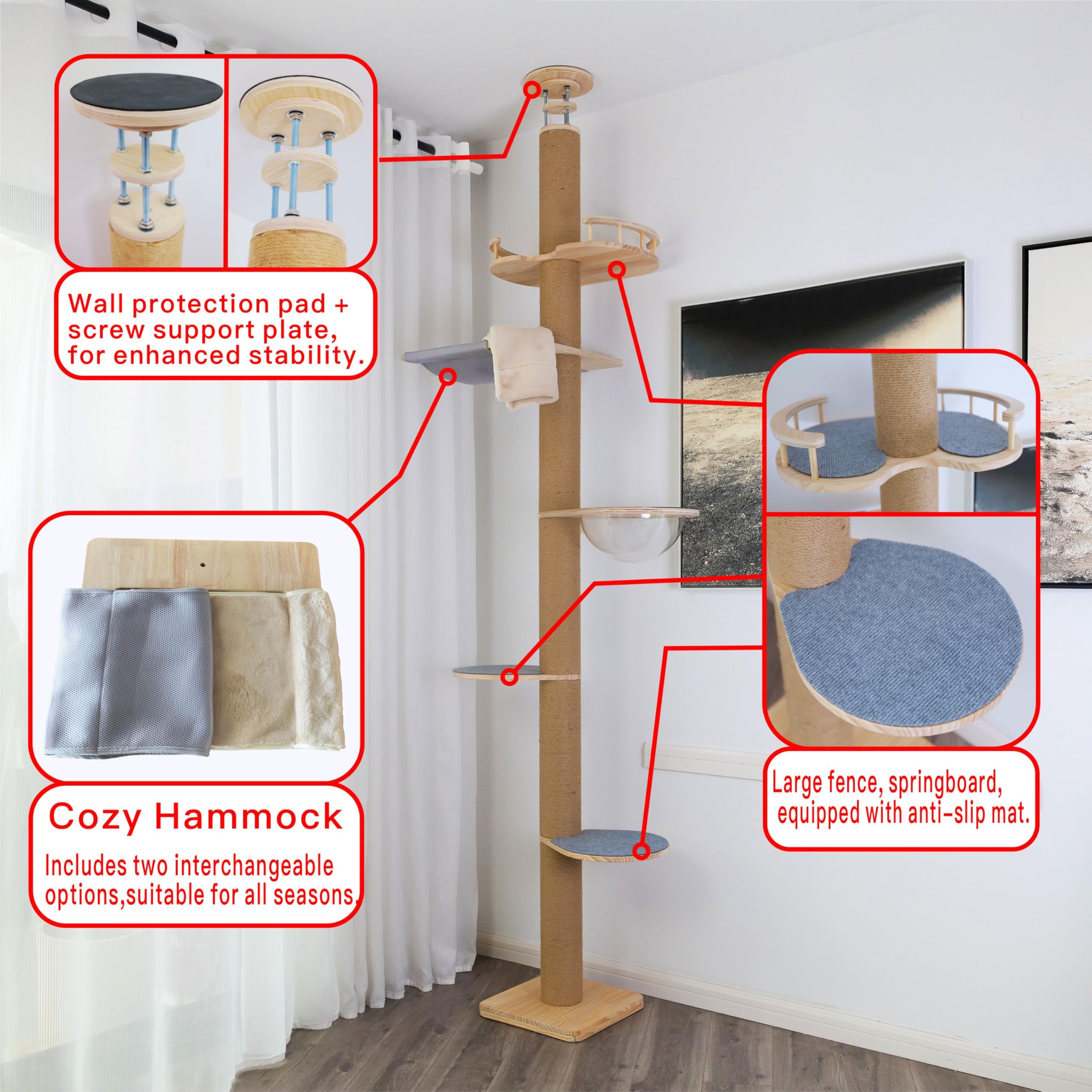 Floor-to-Ceiling Cat Tree with Natural Sisal Rope Scratching Post - Adjustable Height (55-119 Inches) - Modern Cat Activity Tree, Cat Scratcher Post