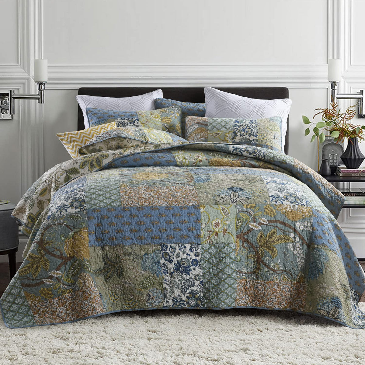 Secgo Twin Comforter Set for Bed - 100% Cotton Quilts Twin Size, Black Bedspreads with 2 Pillow Shams, Patchwork Reversible Lightweight Bedding