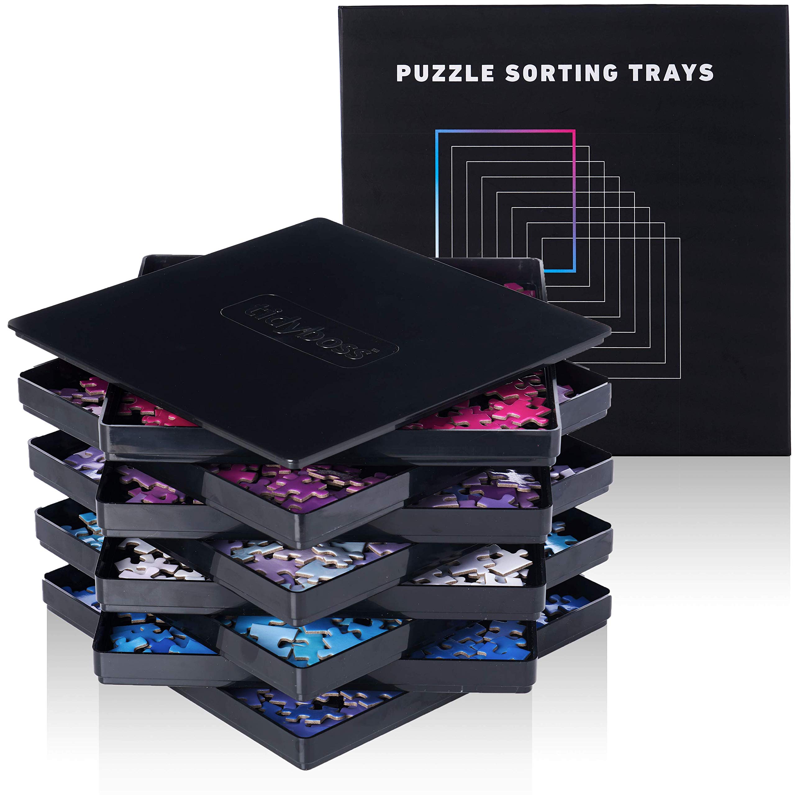 8 Puzzle Sorting Trays with Lid 8" x 8" - Jigsaw Puzzle Accessories Black Background Makes Pieces Stand Out to Better Sort Patterns, Shapes and Colors | for Puzzles Up to 1500 Pieces