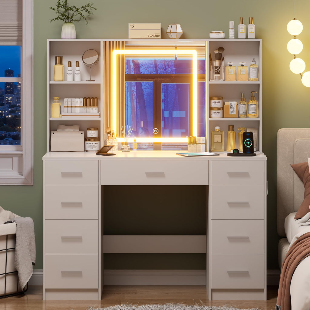 Vanity Desk with Lighted Mirror, Black Vanity with 4 Drawers,Makeup Vanity with Storage Shelves and Power Outlet,10 Lights with 3 Color Modes Brightness Adjustable for Girls’ Bedroom (Black)