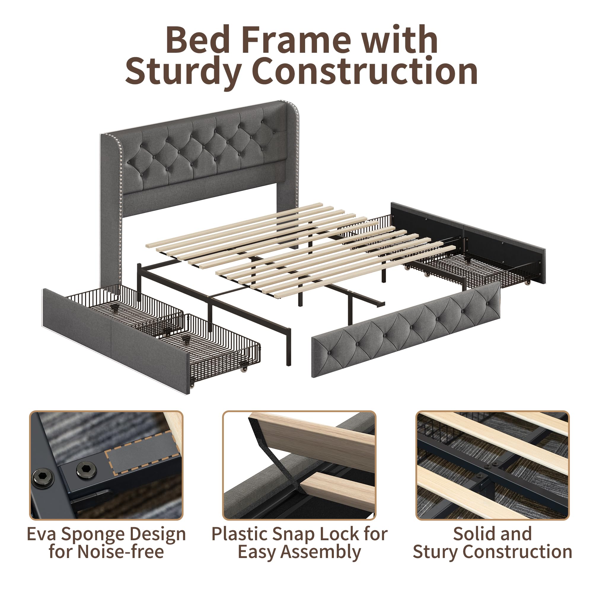 BRELTAM Full Size Bed Frame with Storage Drawers and Wingback Headboard Linen Upholstered Platform Bed Frame Tufted Beds with Heavy Duty Wood Slats, Noise Free, Easy Assembly, Beige