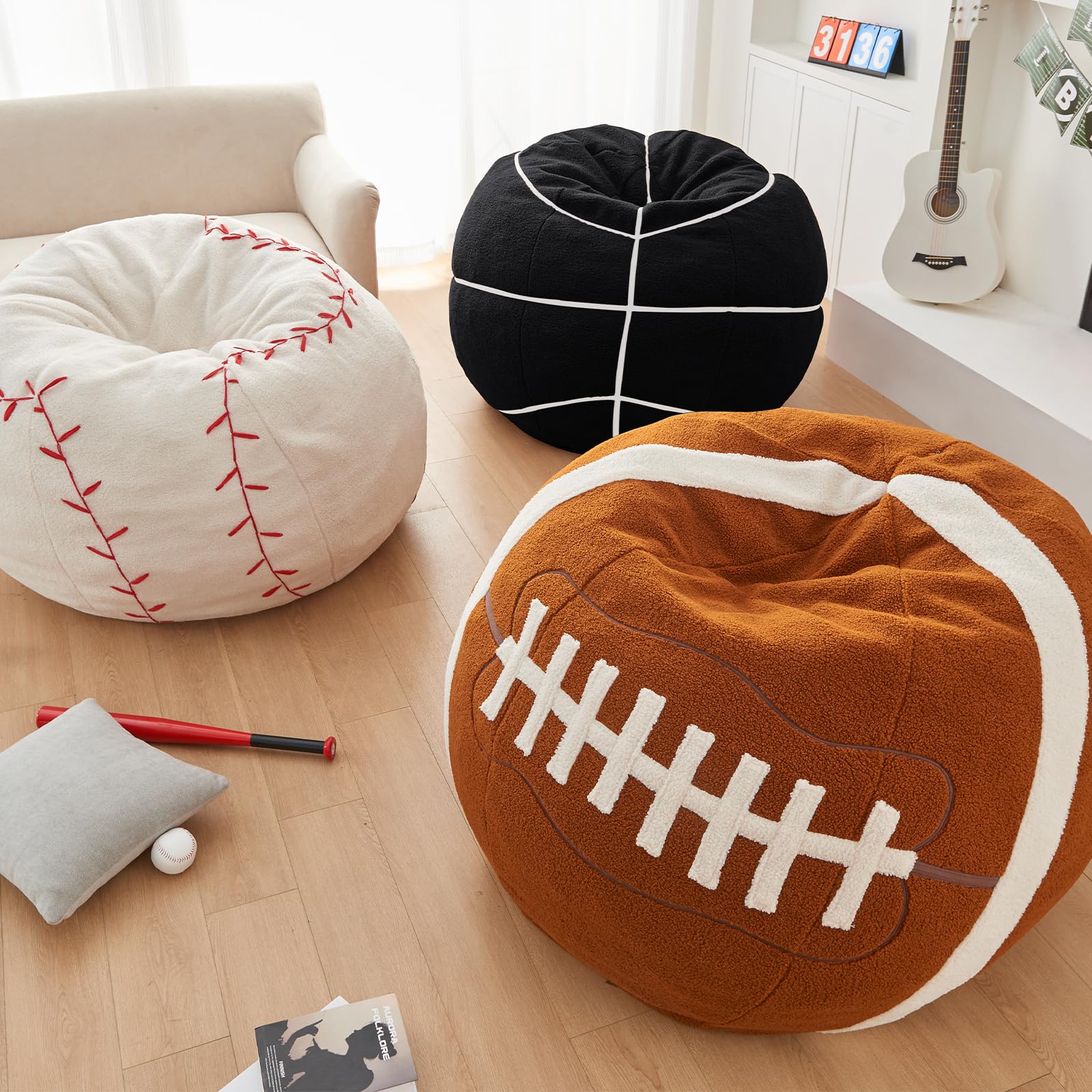 Sports Baseball Bean Bag Chair - Luxurious Bean Bag Chairs for Kids Teens Adults - Floor Sofa Couch with Filler - Plush BeanBag Furniture for Living Room Bedroom College Dorm - 32 Inch