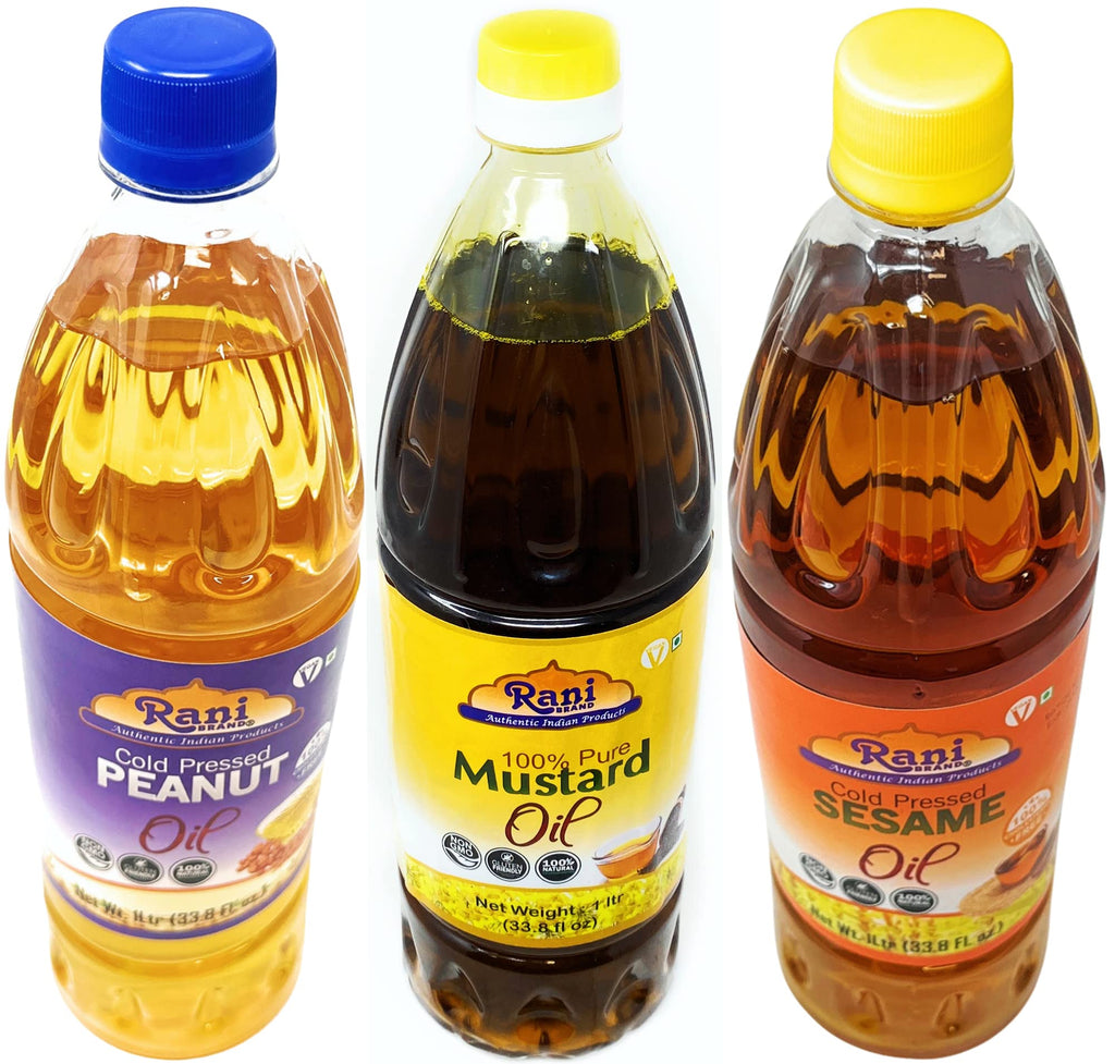 Rani Premium Oils Combo Set of 3 - Peanut Oil, Mustard Oil, Sesame Oil 16.9 Ounce (500ml) ~ Cold Pressed | 100% Natural | Kosher | NON-GMO | Vegan | Gluten Free
