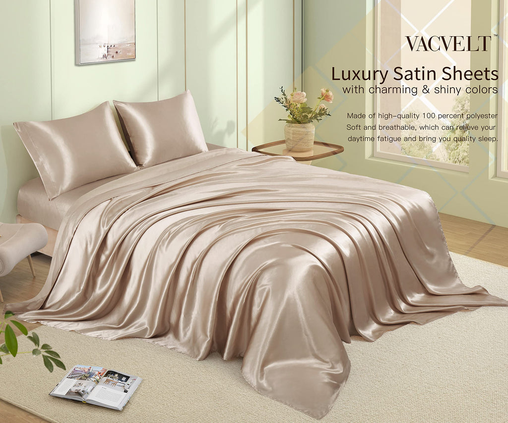 VACVELT 3pcs Beige Satin Sheets Twin Size Bed Set, 15 Inch Deep Pocket Silky Satin Sheet Set, Soft Satin Bedding Set Cooling & Luxury Bed Sheets, 1 Fitted Sheet + 1 Flat Sheet + 1 Pillowcase