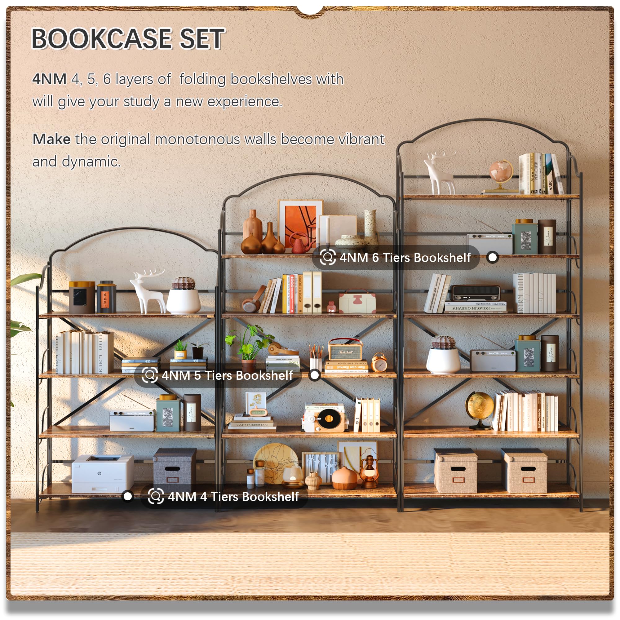 4NM No Assembly Folding Bookshelf, 3 Tiers Collapsible Book Shelves Open Industrial Foldable Storage Bookcase Shelf for Bedroom, Living Room, Home Office - Natural and White