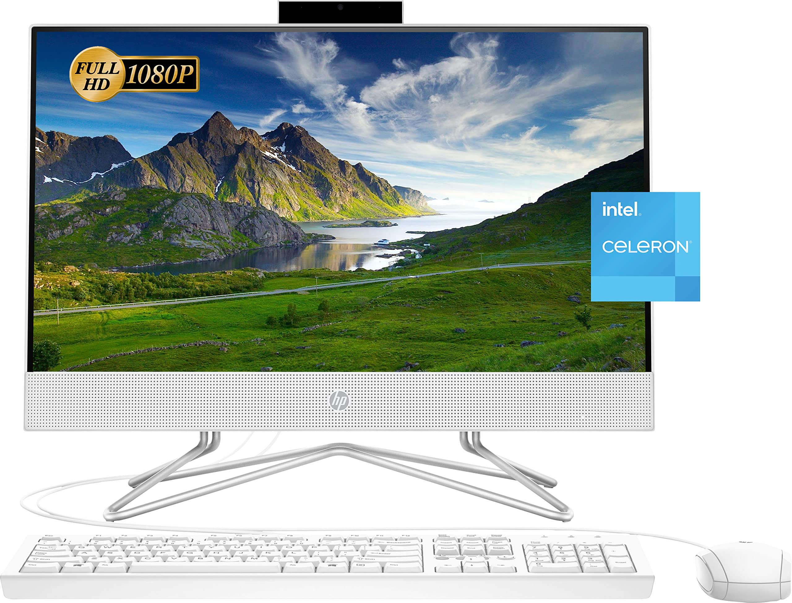HP 2022 All-in-One Desktop, 21.5" FHD Display, Intel Celeron J4025 Processor, 8GB RAM, 256GB PCIe SSD, Webcam, HDMI, RJ-45, Wired Keyboard&Mouse, WiFi, Windows 11 Home, White