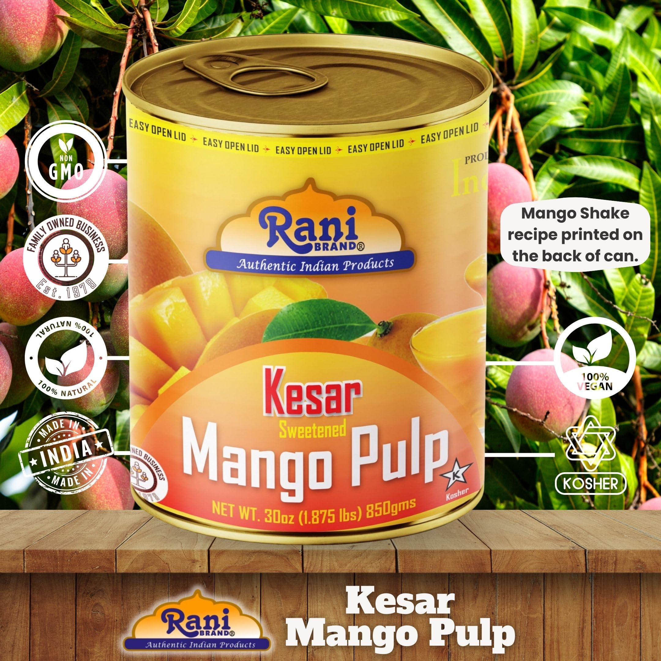 Rani Mango Pulp Puree (Makes Mango Lassi Shakes) Alphonso Sweetened 30oz (1.875lbs) 850g ~ Kosher | All Natural | NON-GMO | Vegan | No colors | Gluten Friendly | Indian Origin