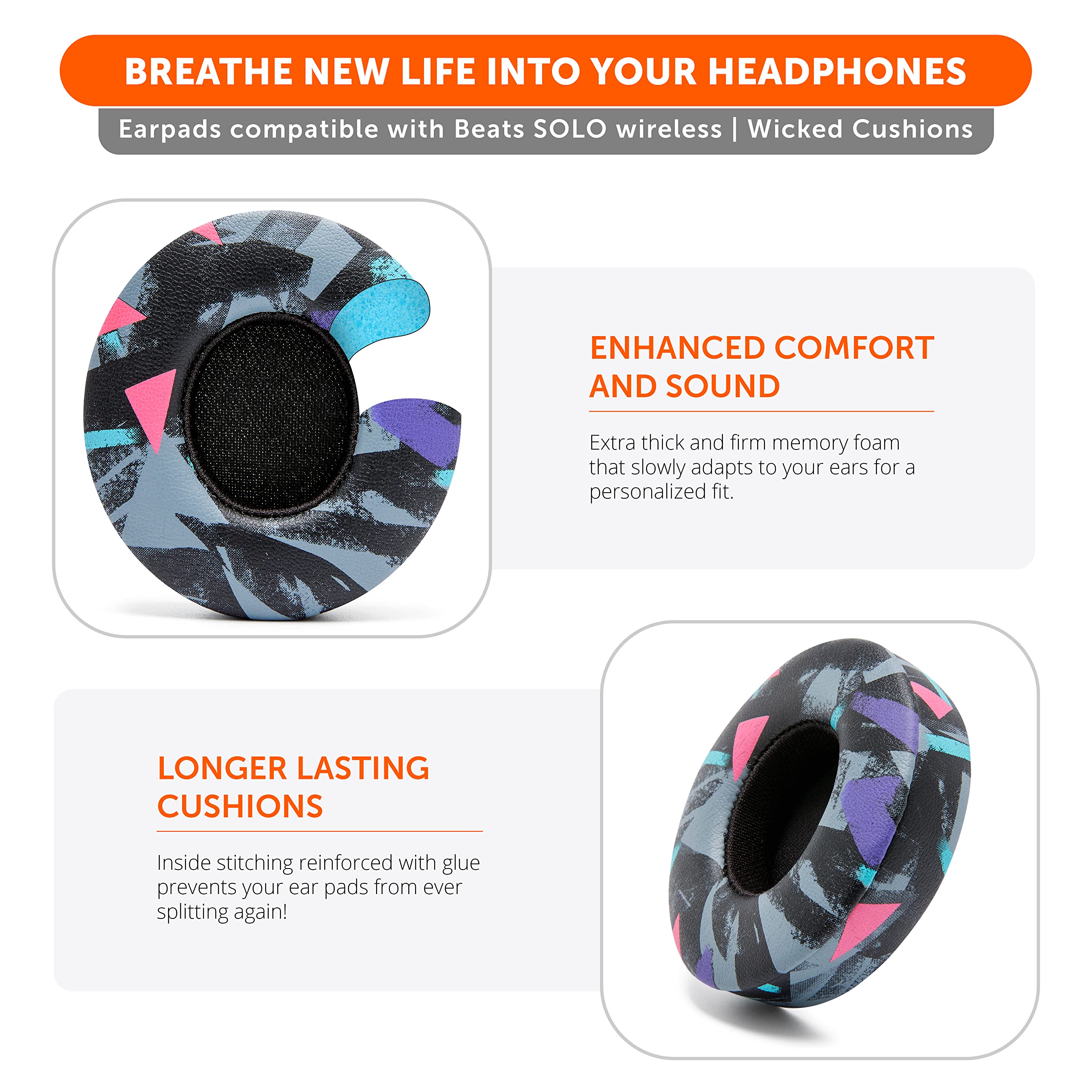 WC Extra Thick Replacement Earpads for Beats Solo 2 & 3 by Wicked Cushions - Ear Pads for Beats Solo 2 & 3 Wireless ON-Ear Headphones - Soft Leather, Luxury Memory Foam, Strong Adhesive | 90's Black