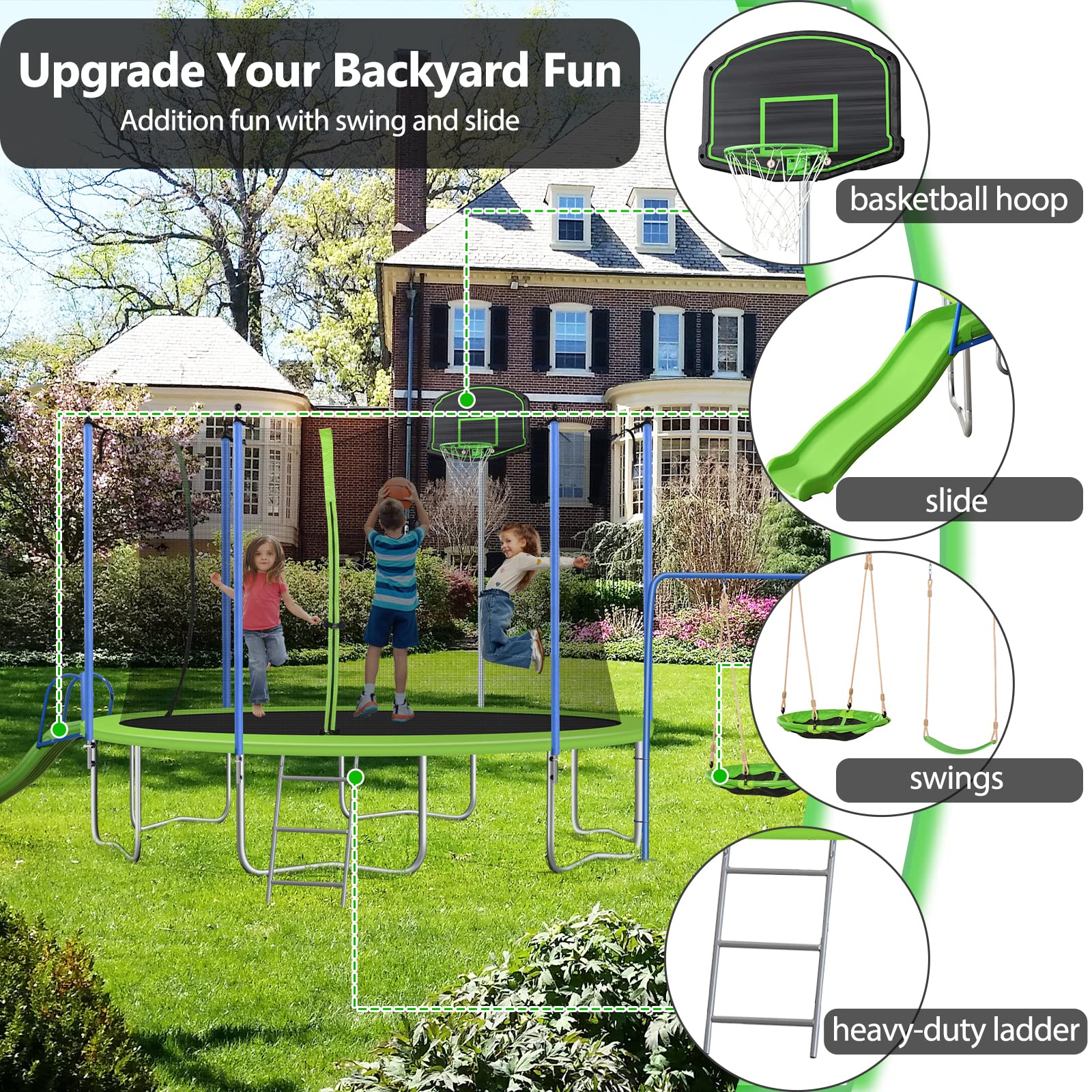 Lyromix 12FT Trampoline with Slide and Swings, ASTM Approved Large Recreational Tranpoline with Sprinkler, Basketball Hoop and Net, Capacity for 5-7 Kids Adults, Green