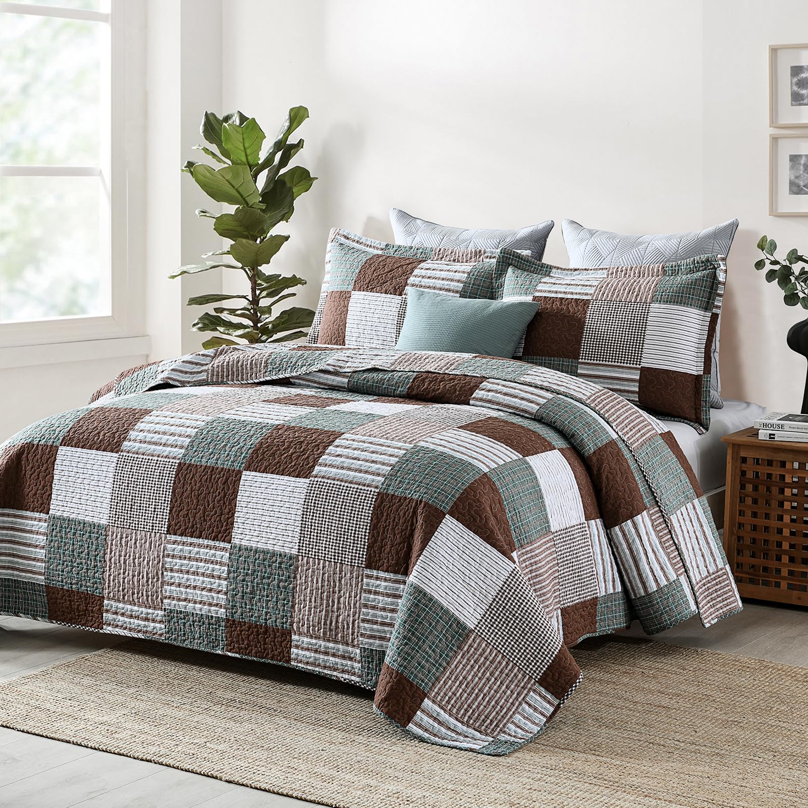 Y-PLWOMEN 100% Cotton Farmhouse Plaid Lightweight 3-Pieces Quilt Set (Blue Brown, Queen90 * 98 Inch)