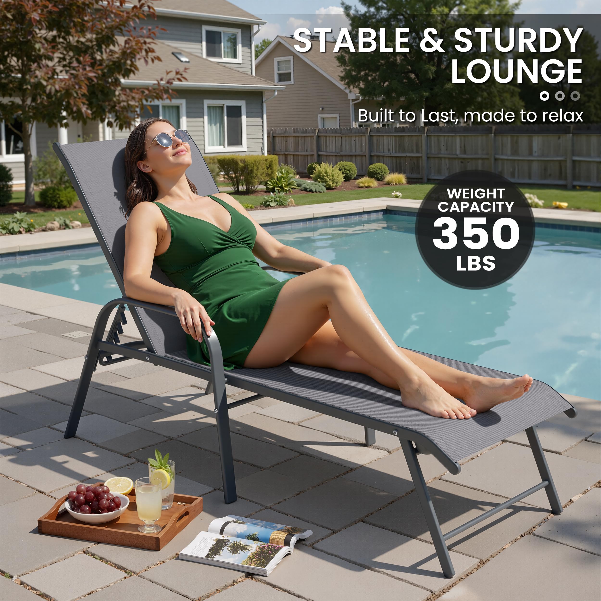 Crestlive Products Chaise Lounge Chair Outdoor with Armrests, Pool Lounge Chairs Set of 2, Aluminum Adjustable 5 Positions Sun Tanning Lounger for Patio, Poolside, Yard, Deck, Backyard (Beige)