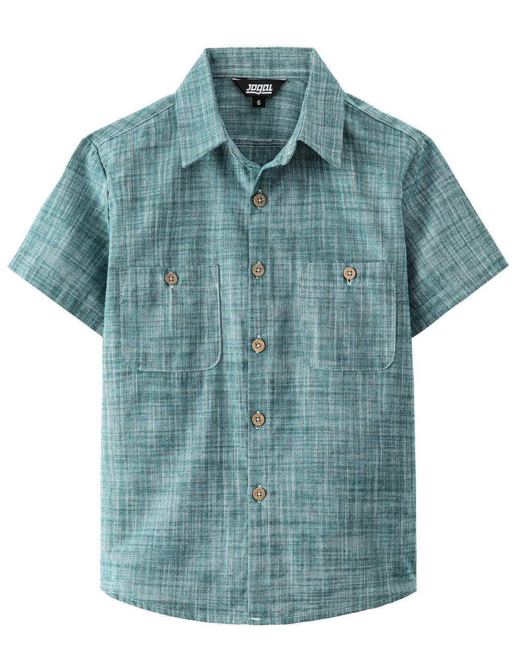 JOGAL Boys Chambray Shirts Short Sleeve Button Down Casual Cotton Woven Shirt with Two Pockets for Kids 6-14 Years
