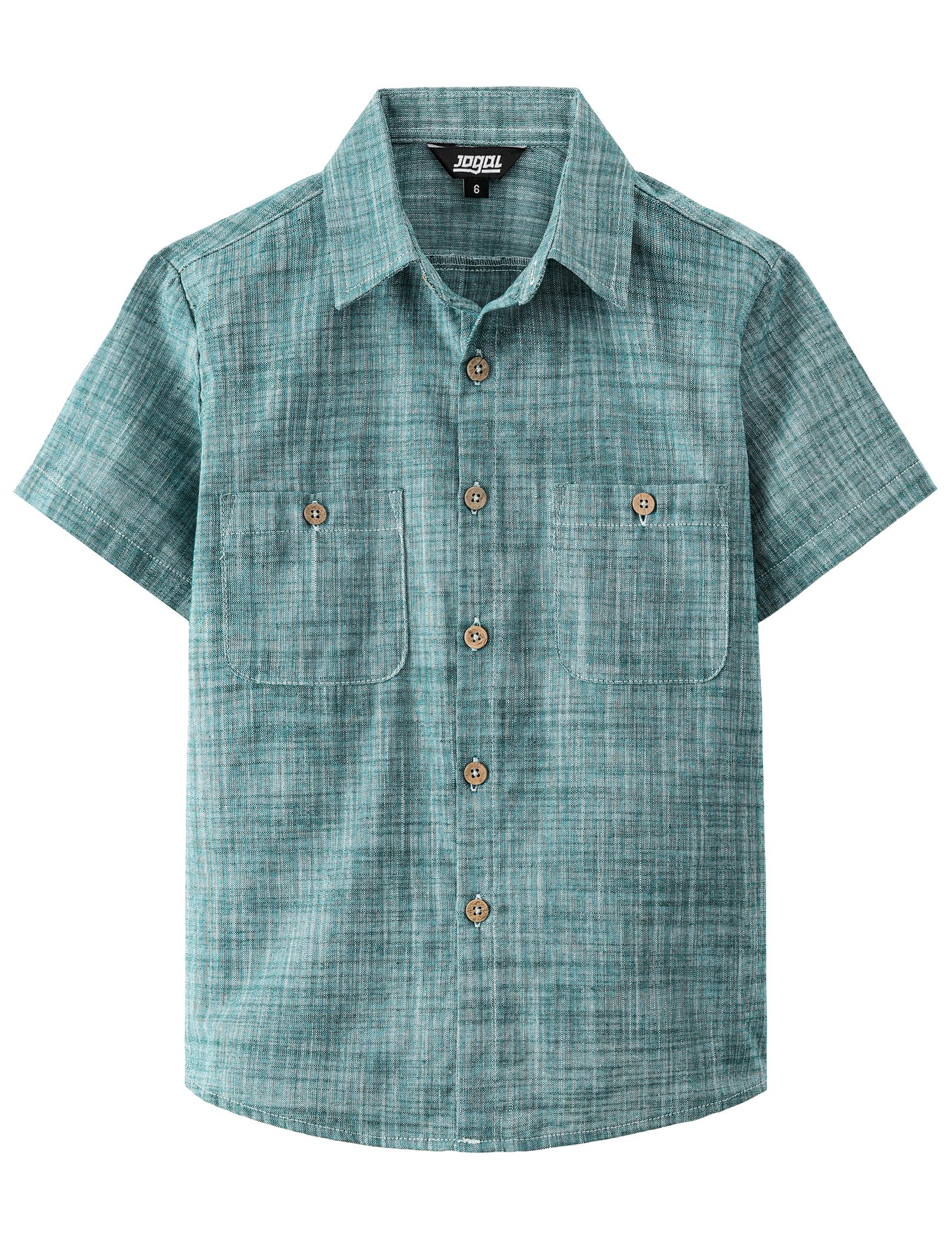 JOGAL Boys Chambray Shirts Short Sleeve Button Down Casual Cotton Woven Shirt with Two Pockets for Kids 6-14 Years