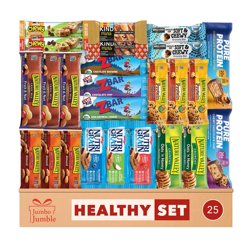 Jumbo Jumble Snack Box (25 Count) Gift Care Package Snacks Variety Pack for Adults Teens Kids Men Women school College Office Birthday (Healthy Set)