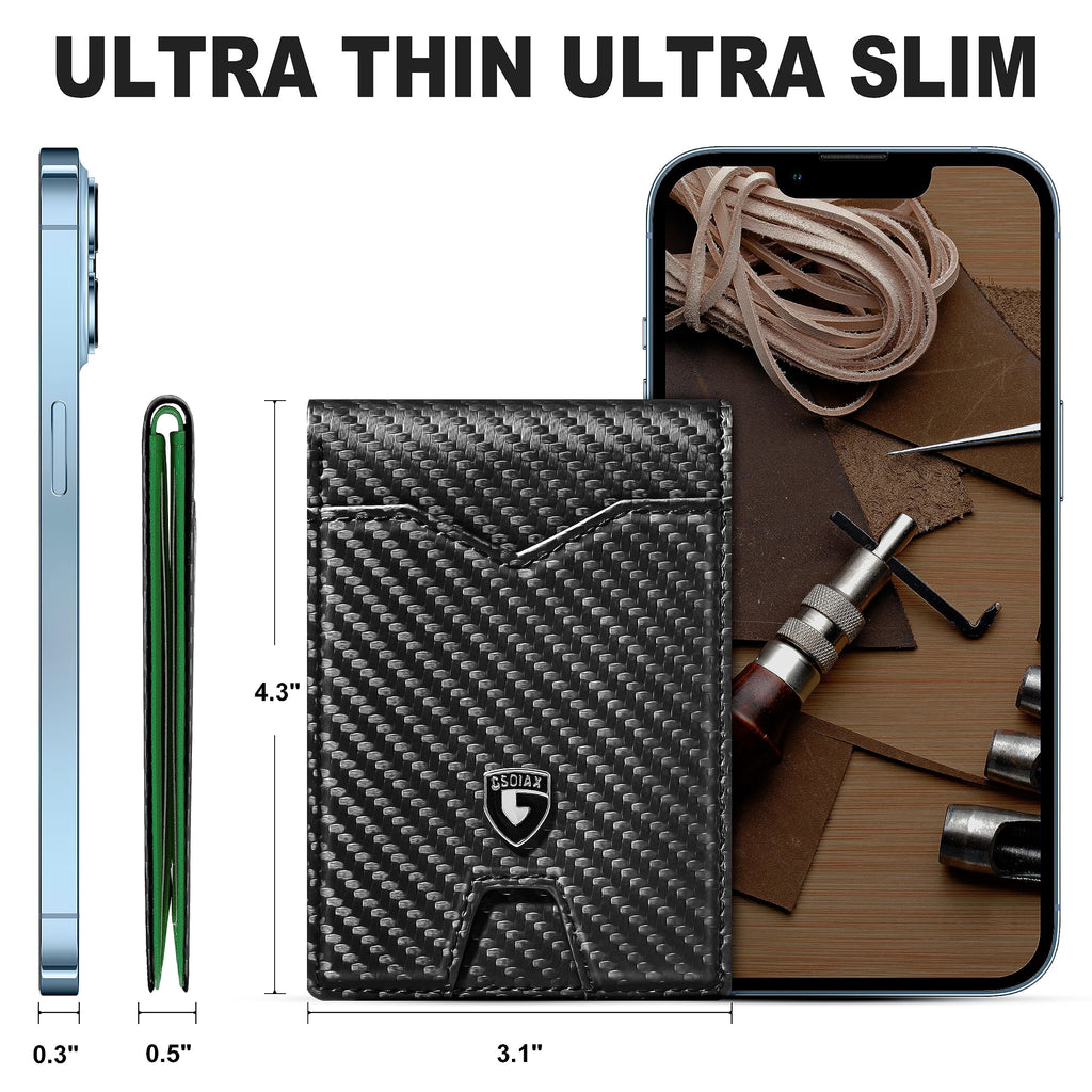 GSOIAX Slim Wallet for Men Rfid Blocking Leather Bifold Front Pocket Carbon Fiber Men's Money Clips Credit Card Holder With Gift Box