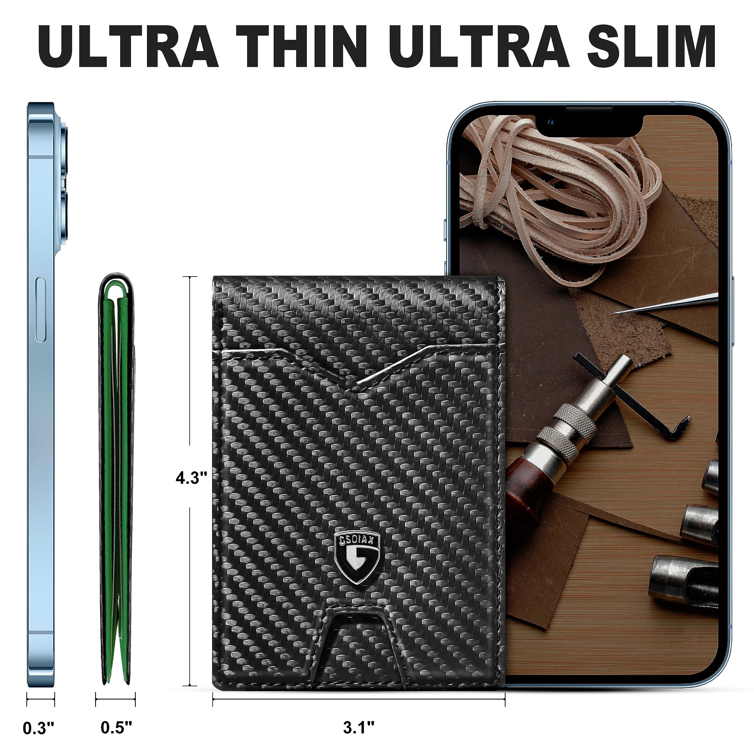 GSOIAX Slim Wallet for Men Rfid Blocking Leather Bifold Front Pocket Carbon Fiber Men's Money Clips Credit Card Holder With Gift Box
