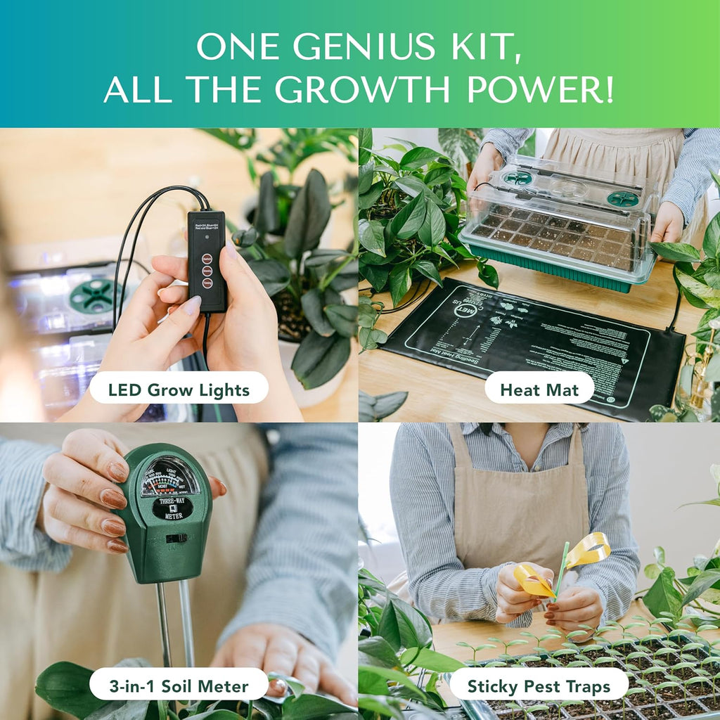 Seed Starter Kit with Grow Lights & Heat Mat – 40-Cell Seed Starter Tray, Humidity Dome, Soil Moisture Meter & Sticky Gnat Traps – Indoor Greenhouse & Plant Propagation Station