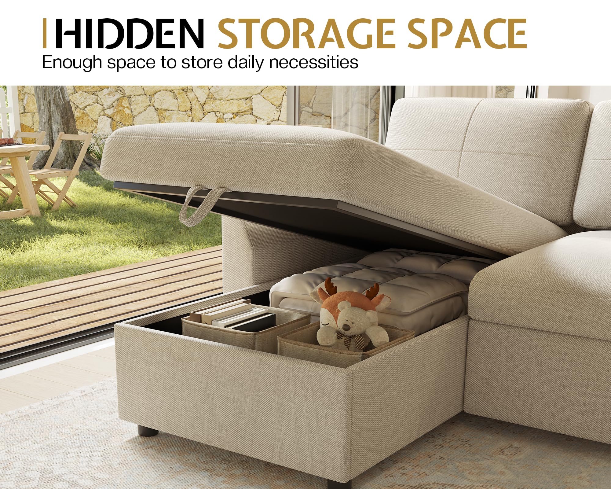 PaPaJet Sofa Bed, Sleeper Sofa with Storage Chaise, L Shaped Sofa with Pull Out Bed, Oversized Sofas for Living Room, Beige