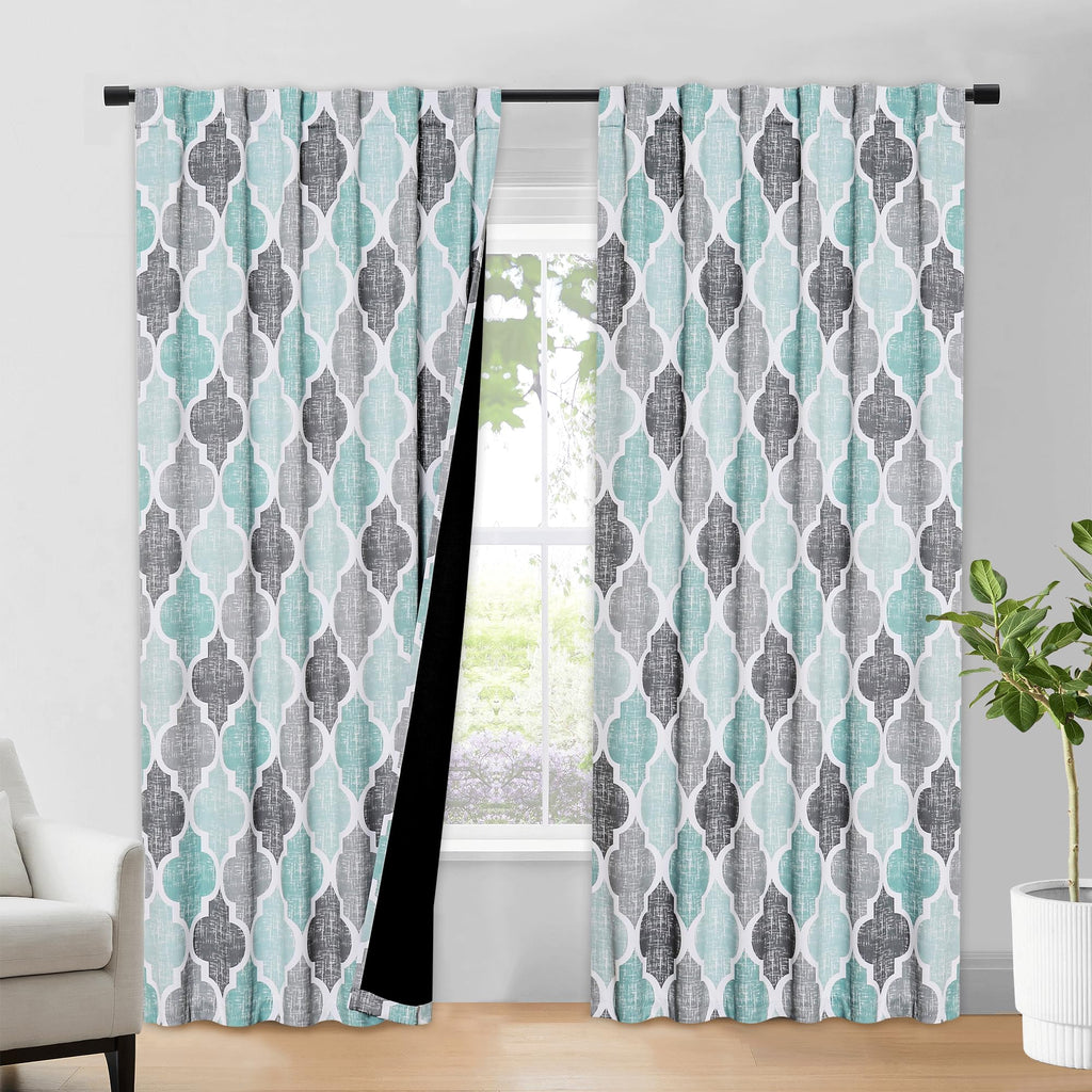 Beauoop 100% Blackout Curtains 45 Inches Long 2 Panels for Bedroom Living Room Aqua Grey Moroccan Geo Room Darkening Thermal Insulated Soundproof Grommet Top Window Treatments Drapes, 50x45 Set of 2