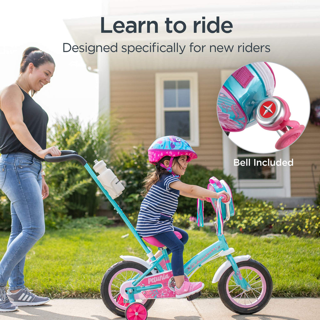 Schwinn Petunia and Grit Bike, Bike for Kids Ages 2-4, Steerable Beginner Bicycle with Training Wheels, Parent Push Handle, Rear Coaster Brake, Adjustable Seat