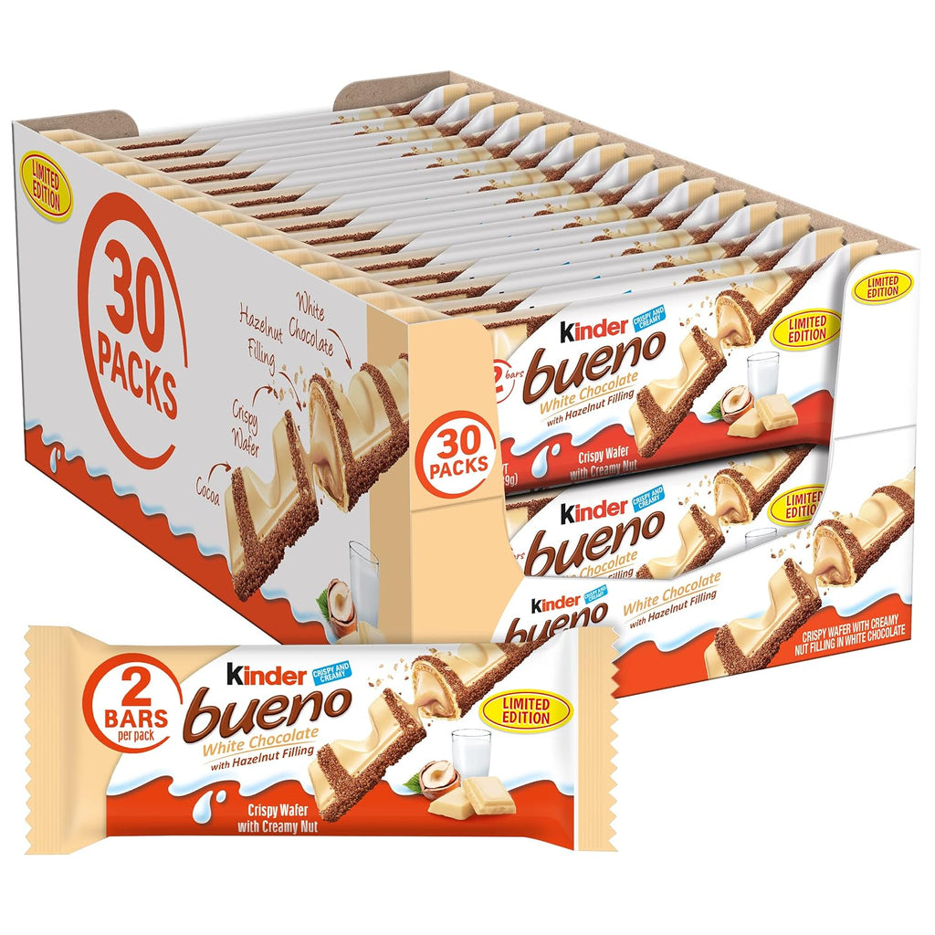 Kinder Bueno White Chocolate Bar with Crispy Wafer and Hazelnut Filling, 30 Pack, 2 Individually Wrapped Bars per Pack, 1.4 oz Each