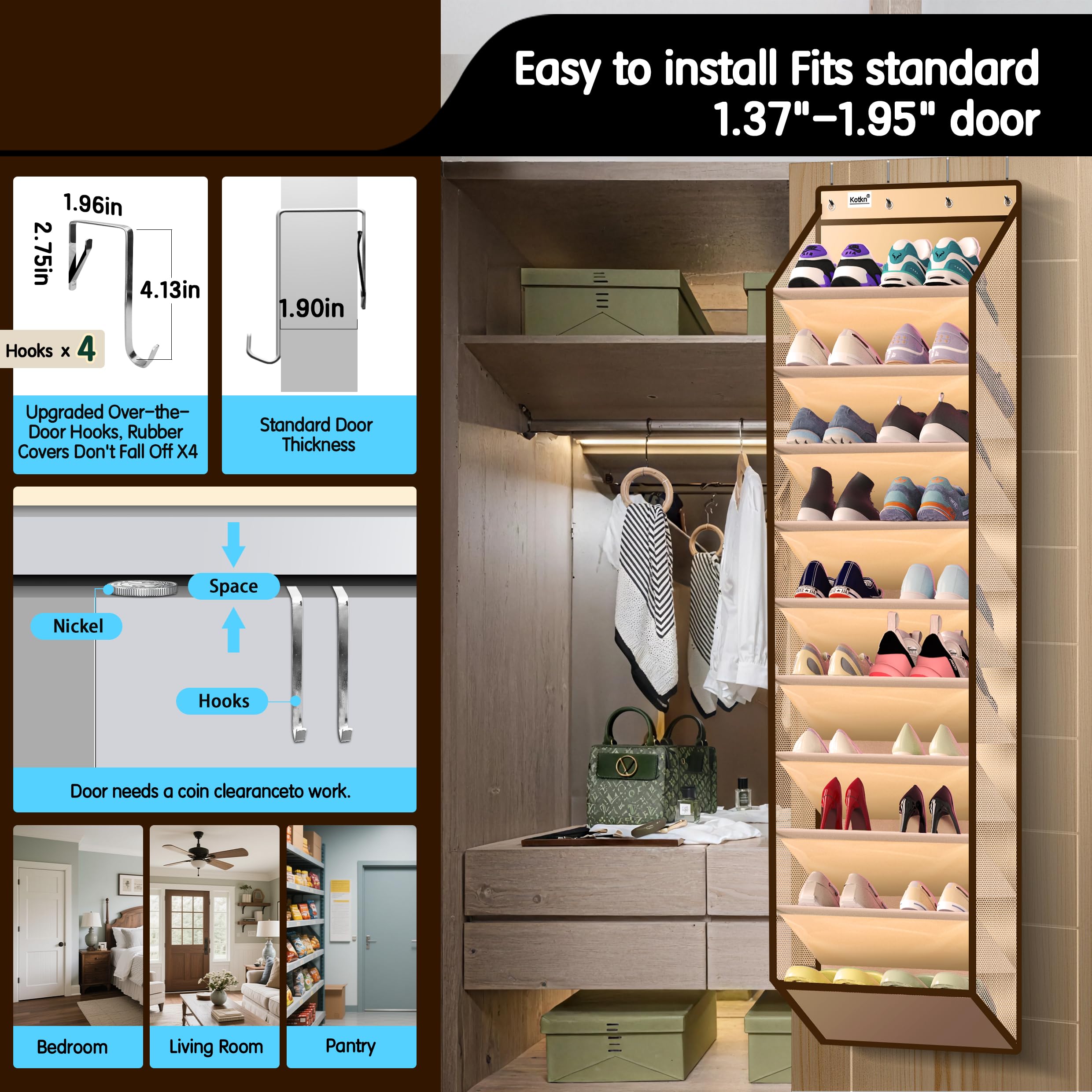 Kotkn 10 Tier Over The Door Organizer - Heavy Duty Hanging Storage Rack with Sturdy Oxford Fabric, Holds 20+ Pairs of Footwear, Boots & Sneakers, Saves 50% Closet Space(Beige)