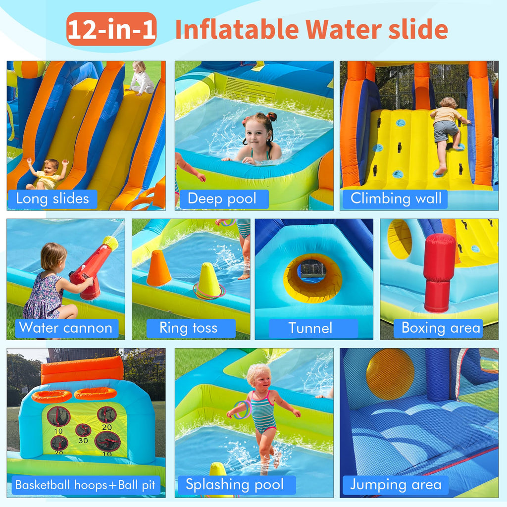 Blow Up Water Slides Two Long Slides Jumping Bouncy Castle for Kids Outdoor Inflatable Bounce House with 680W Blower for Kids Backyard