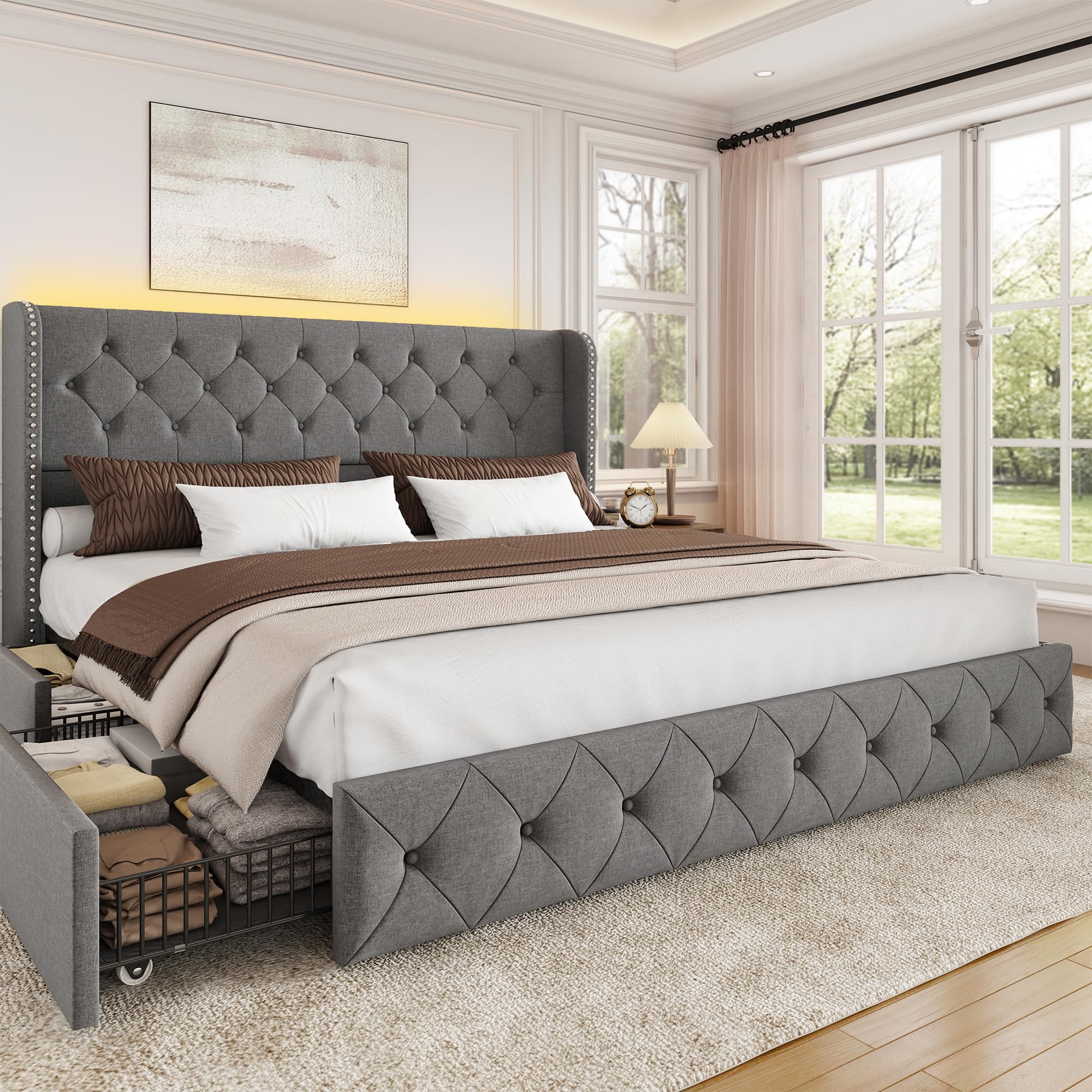 BRELTAM Full Size Bed Frame with Storage Drawers and Wingback Headboard Linen Upholstered Platform Bed Frame Tufted Beds with Heavy Duty Wood Slats, Noise Free, Easy Assembly, Beige