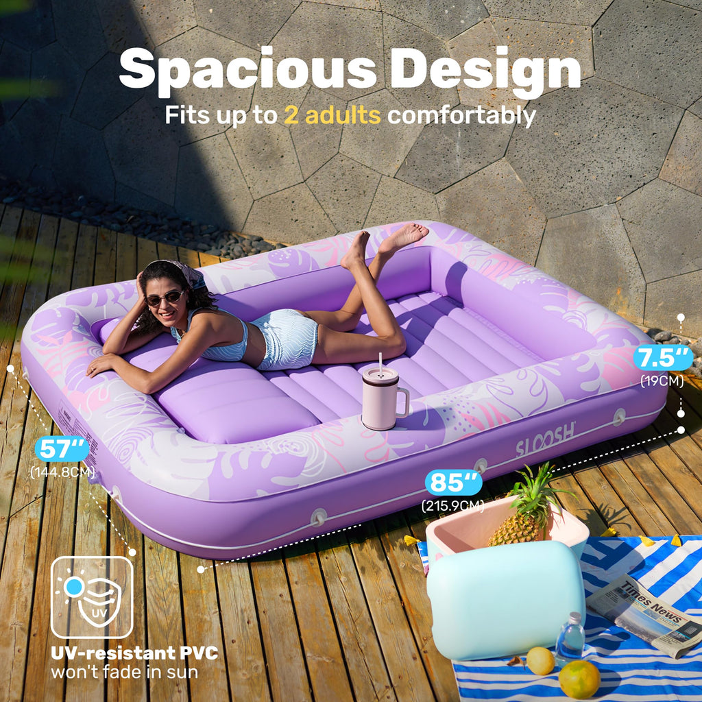 SLOOSH Inflatable Tanning Pool Lounger Float, 85" x 57" Extra Large Pool Floats Adult with Pillow, 4 in 1 Suntan Tub Raft Floatie,Sunbathing Bed Lounge for Water Blow Up Ball Pit Party Gifts, XL-Blue