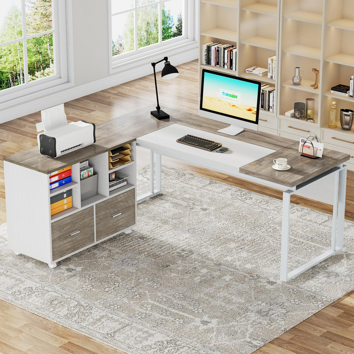 Tribesigns L-Shaped Executive Desk with Reversible File Cabinet, 63" Office Desk with Storage Drawers, L-Shaped Computer Desk with Drawer Cabinet for Hanging Letter Size Files (Gray & Black)