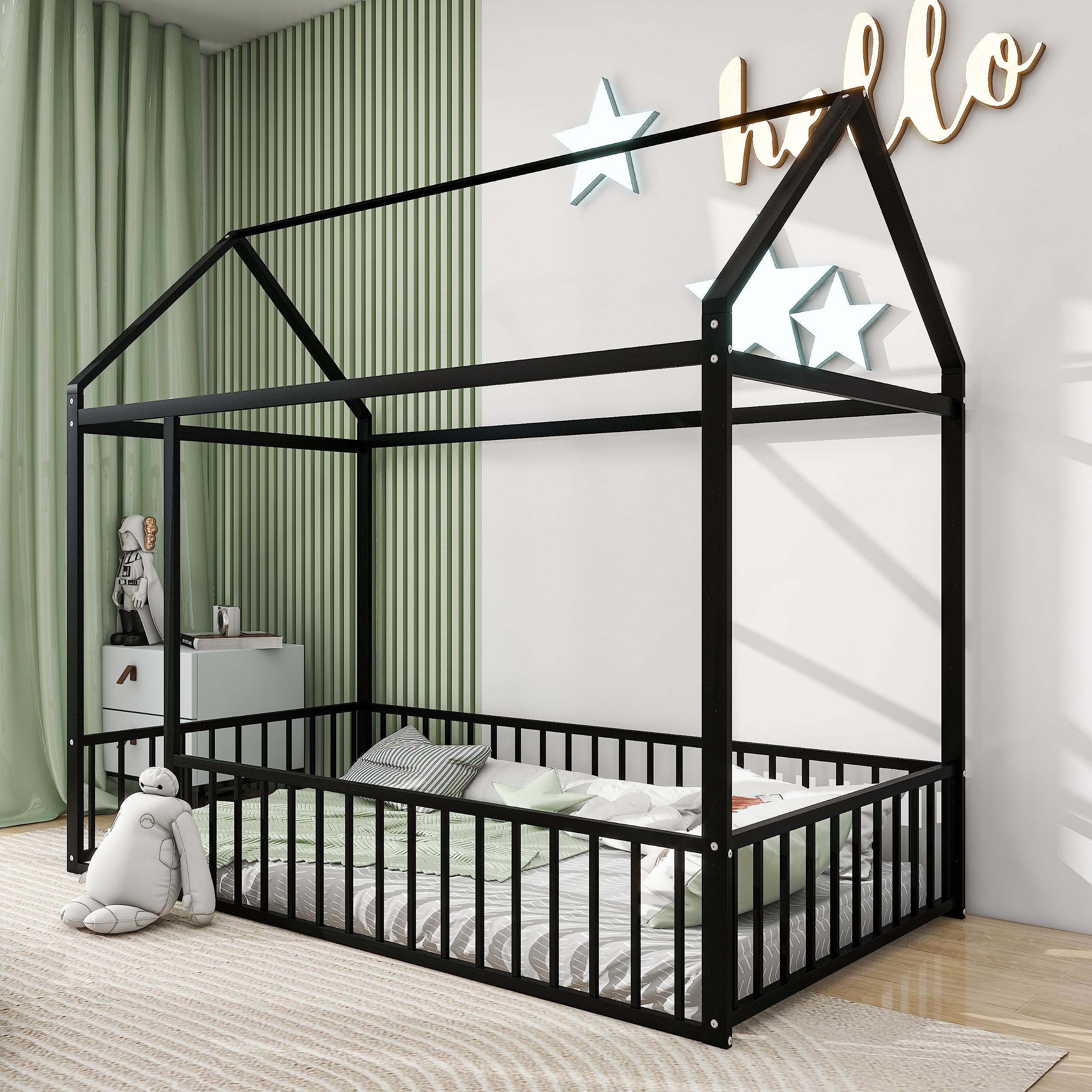 Bellemave Twin Size Montessori Floor Bed, Metal House Bed Framefor Kids, Montessori Floor Beds with Fence, Playhouse for Kids,Black