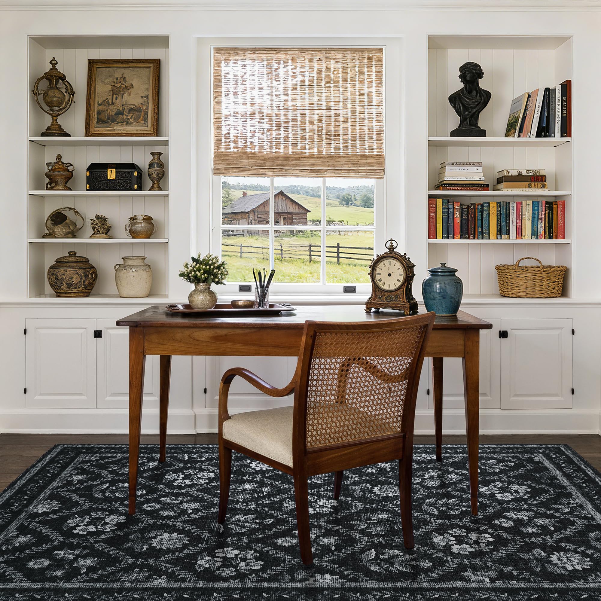 Black Floral Area Rug for Entryway 2x3 Washable Small Rug Low Pile Non Slip Distressed Entry Mat Soft Farmhouse Indoor Entrance Door Mat for Kitchen Bedroom Home Office Black Grey and White